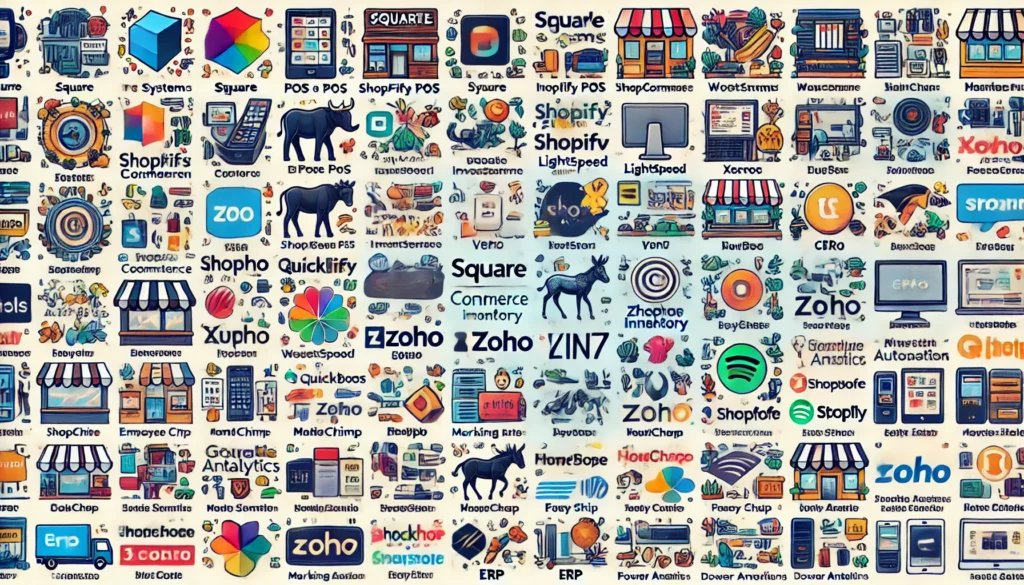 DALL·E 2024 09 23 19.34.10 A detailed infographic showing various software technologies used by small and medium sized retail businesses with their original logos. The categorie Miraget Analytics